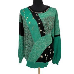 Vintage Sabree Emerald Green Gold Embroidered Wool Blend Crewneck Sweater Medium